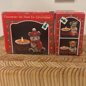 Ceramic Candle Holder Teddy Bear & Mouse - Set of 2 Vintage Votive Holders
